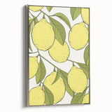 Framed canvas depicting a vintage poster art style landscape with colorful fruits on a black background.