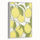 Vintage poster art of colorful fruits on a white framed canvas, ideal for large living room walls.