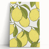 Large black and white photo of assorted fruits on stretched canvas, ideal for kitchen wall art.