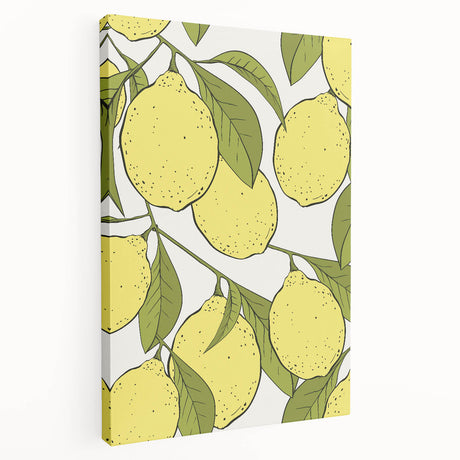 Large art depicting assorted fruits in vibrant colors on stretched canvas, ideal for kitchen wall decor.
