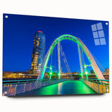 Acrylic glass landscape bridge design showcased from the side, featuring intricate details and secure pins for stability, against a neutral background.