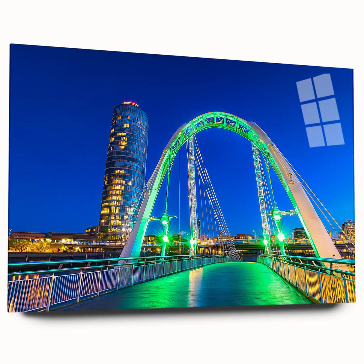 Landscape acrylic glass bridge design showcasing a sleek side view without pins, featuring vibrant colors and modern aesthetics ideal for contemporary decor.