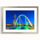 Elegant silver landscape bridge frame with a white mat, showcasing a scenic artwork, perfect for enhancing home decor and adding a touch of sophistication.