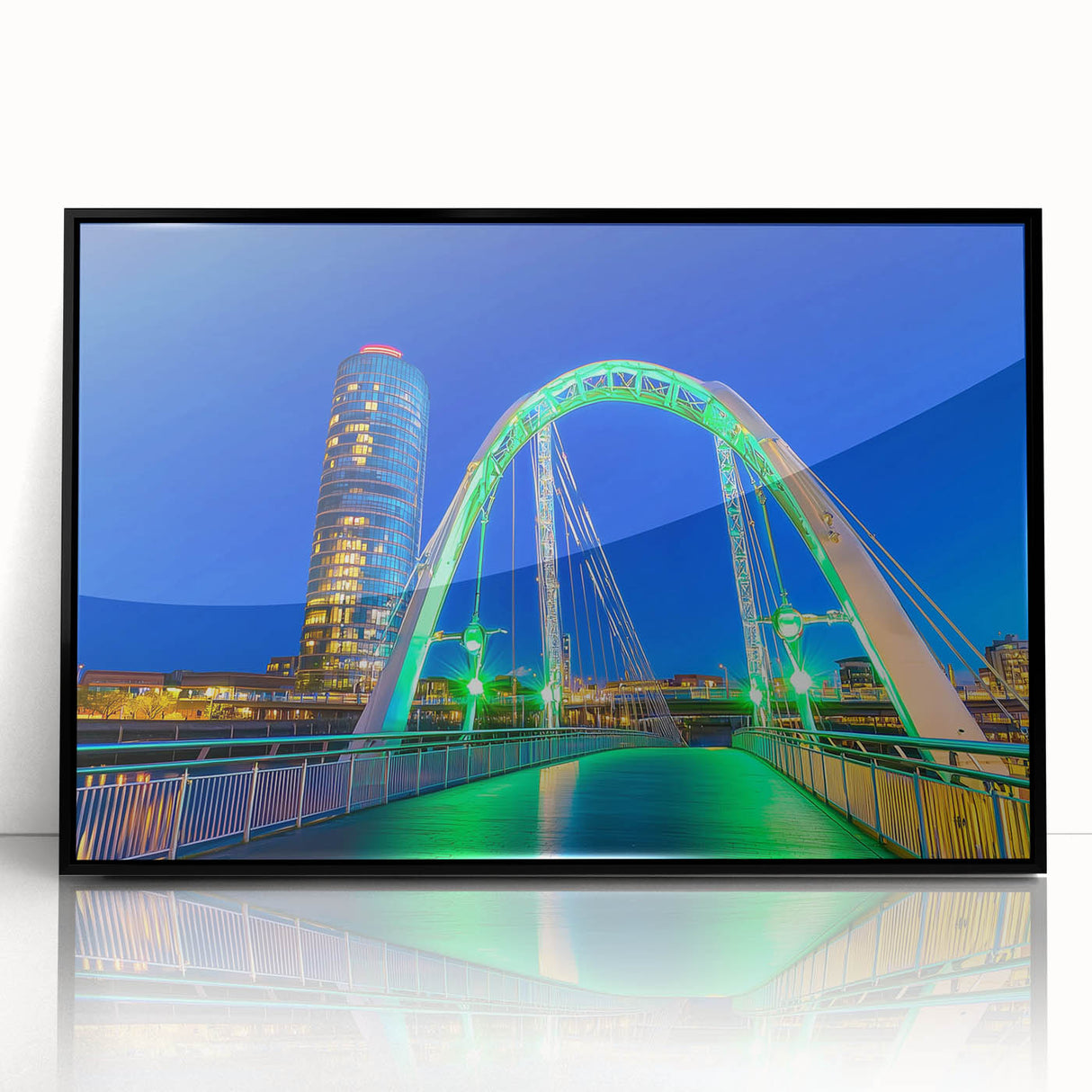 Framed acrylic artwork of a landscape featuring a bridge, showcasing vibrant colors and intricate details, ideal for modern home decor and art enthusiasts.