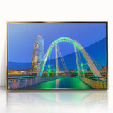 Framed acrylic landscape artwork depicting a serene bridge scene with gold accents, ideal for modern home decor, enhancing any living space with elegance.