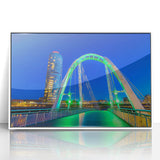 Framed acrylic artwork of a serene landscape bridge in white, showcasing vibrant colors and intricate details, ideal for home decor or office ambiance.