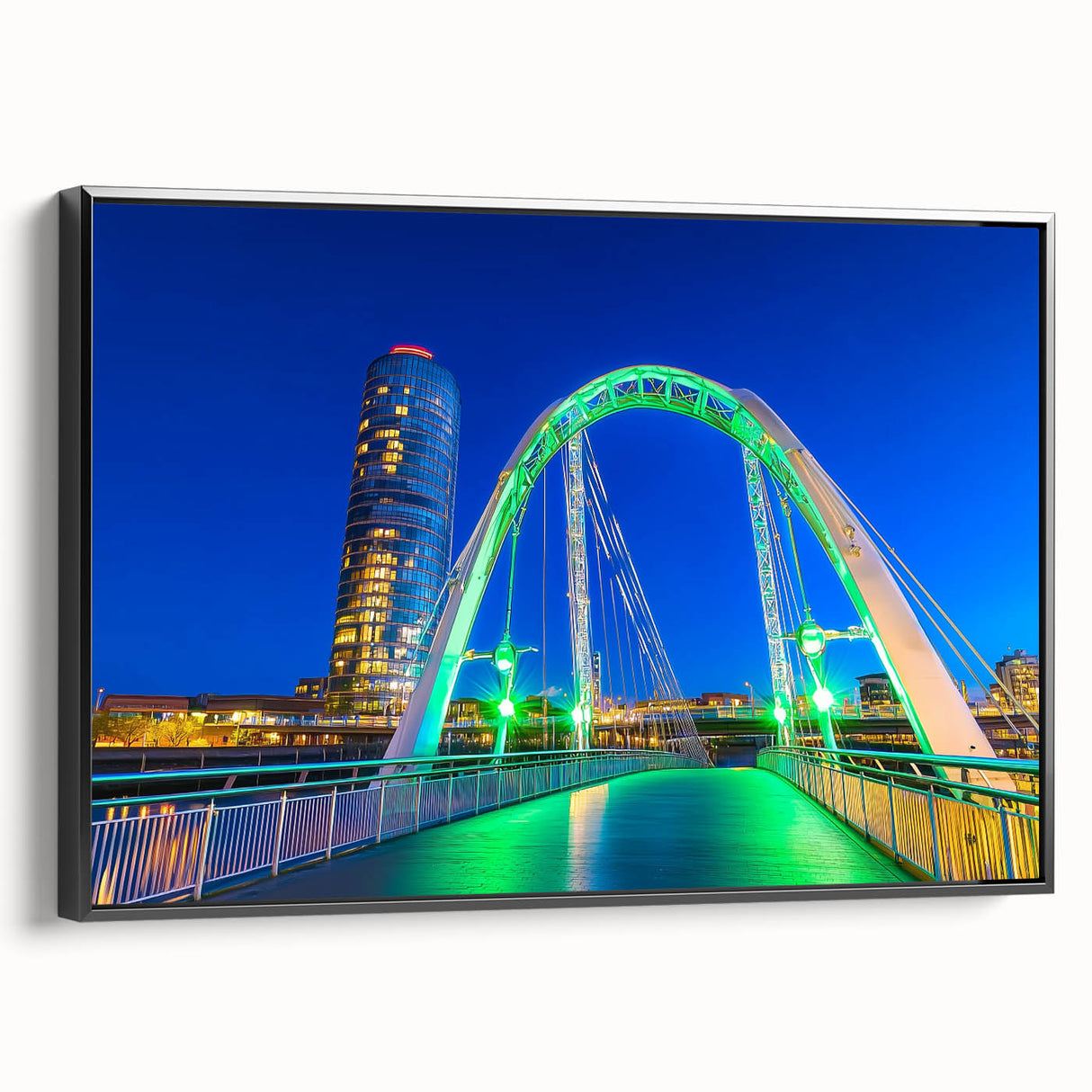 Framed canvas artwork depicting a landscape bridge in a serene setting, showcasing detailed textures and rich colors, perfect for home decor enhancement.