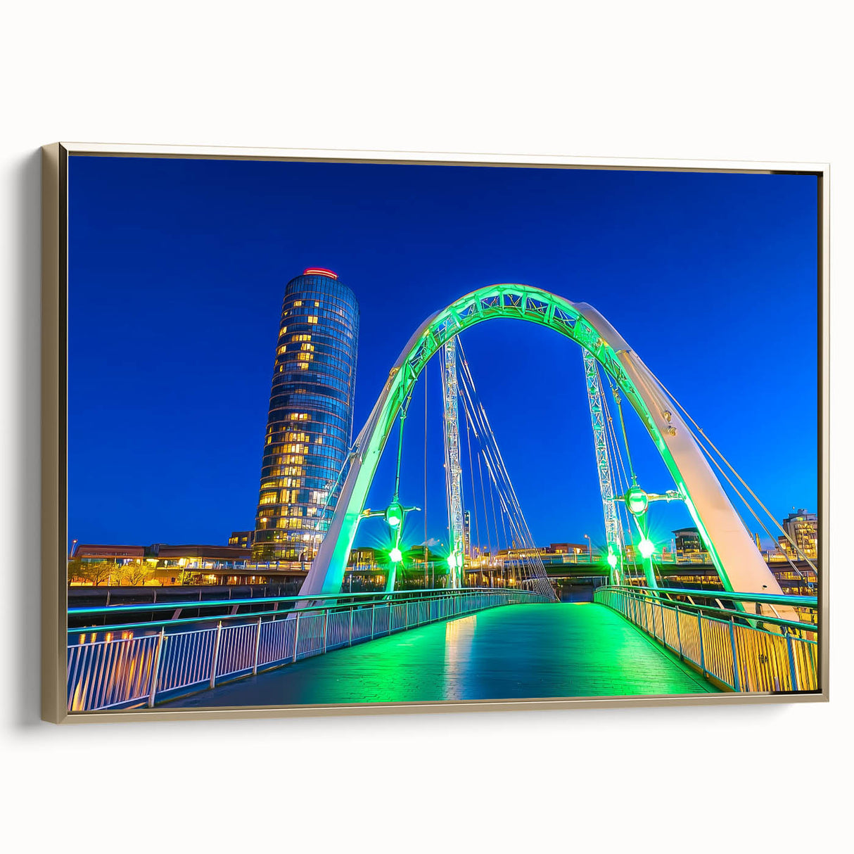 Framed canvas artwork depicting a scenic landscape view of a bridge surrounded by lush greenery, featuring a gold frame that enhances its elegance.