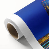 Rolled canvas artwork showcasing a vibrant landscape bridge design, featuring rich colors and intricate details, securely packaged in a protective cardboard tube for safe delivery.