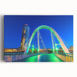 "Stretched canvas artwork depicting a serene landscape bridge scene, showcasing vibrant colors and intricate details, perfect for enhancing home decor."