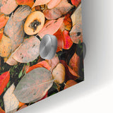 Large abstract wall art in autumnal hues on acrylic glass, ideal for dining room decor in a mid-century modernist style.