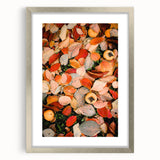Textured abstract art print in warm autumn hues on a framed canvas, suitable for bedroom decor.
