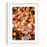 Abstract art print featuring warm autumnal hues on a white framed canvas, ideal for dining room or bedroom decor.