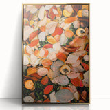 Mid-century modernist large art print of an abstract fall landscape in warm gold tones, framed acrylic.