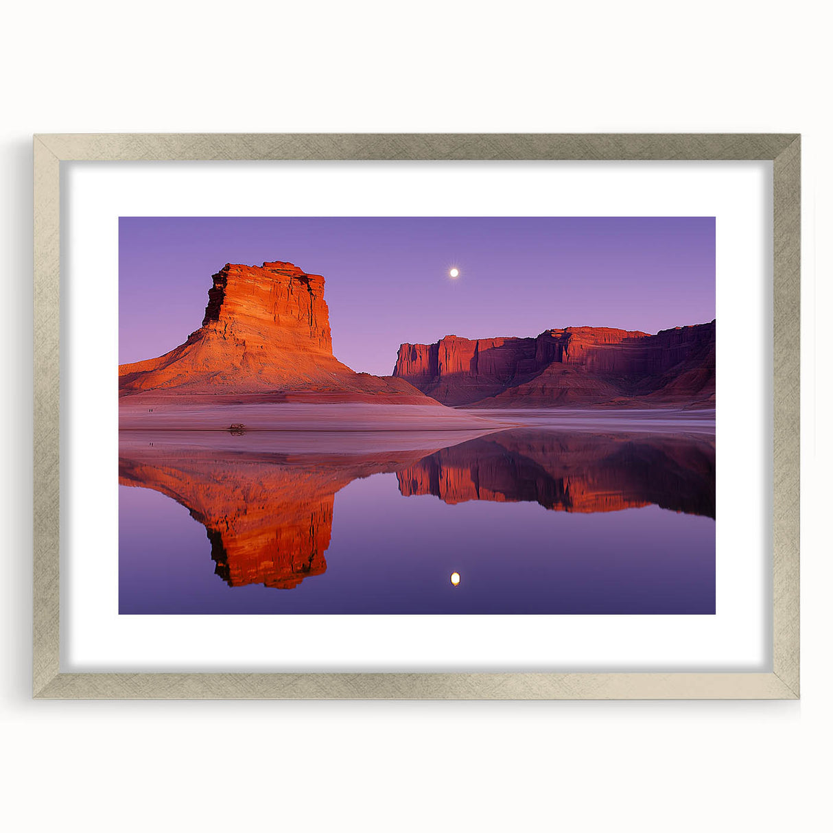 Silver-framed landscape artwork showcasing dramatic cliffs, elegantly matted for a sophisticated look, perfect for enhancing contemporary home decor.
