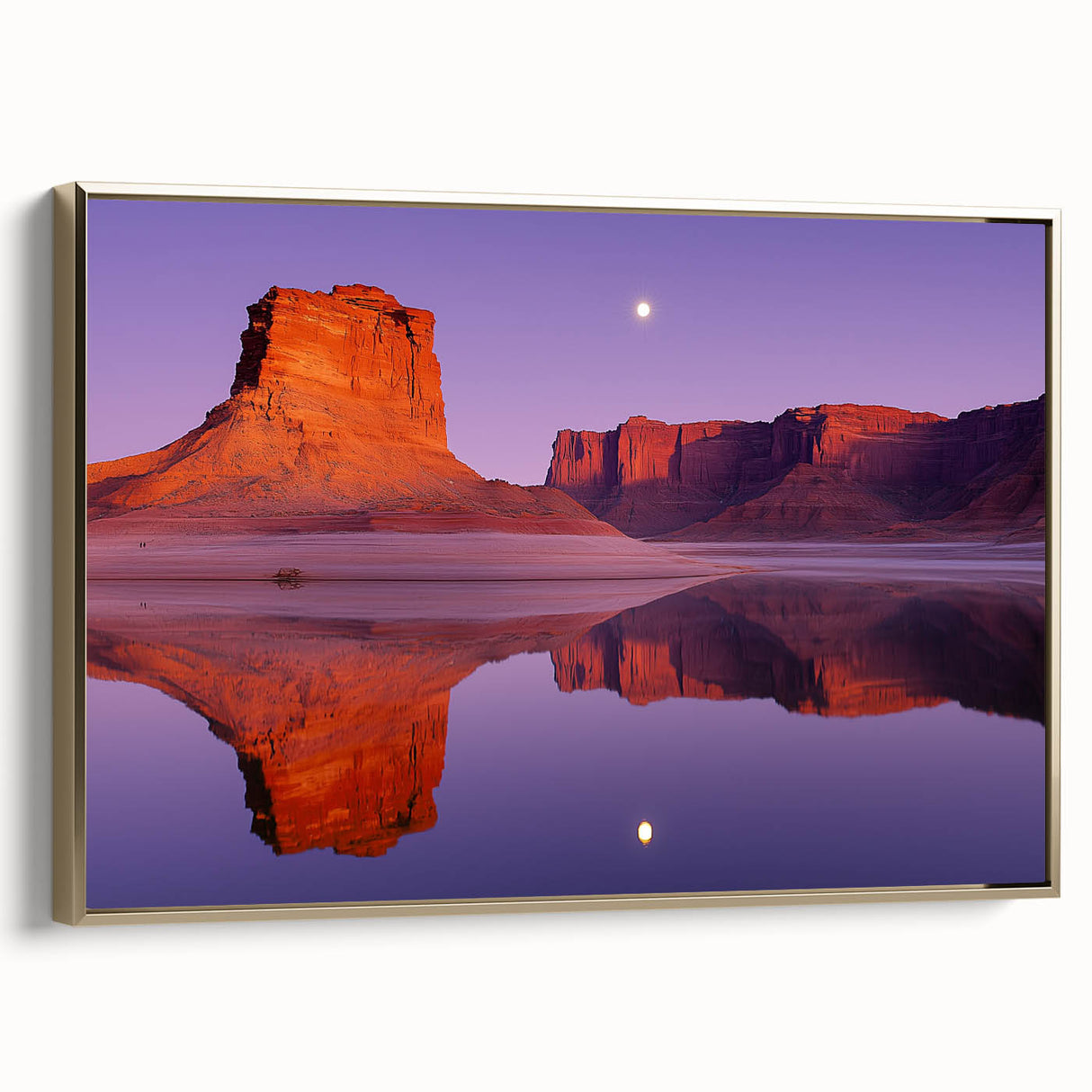 Framed canvas artwork depicting a scenic landscape with dramatic cliffs and rich golden hues, showcasing a side view that enhances its elegance. Ideal for home decor.