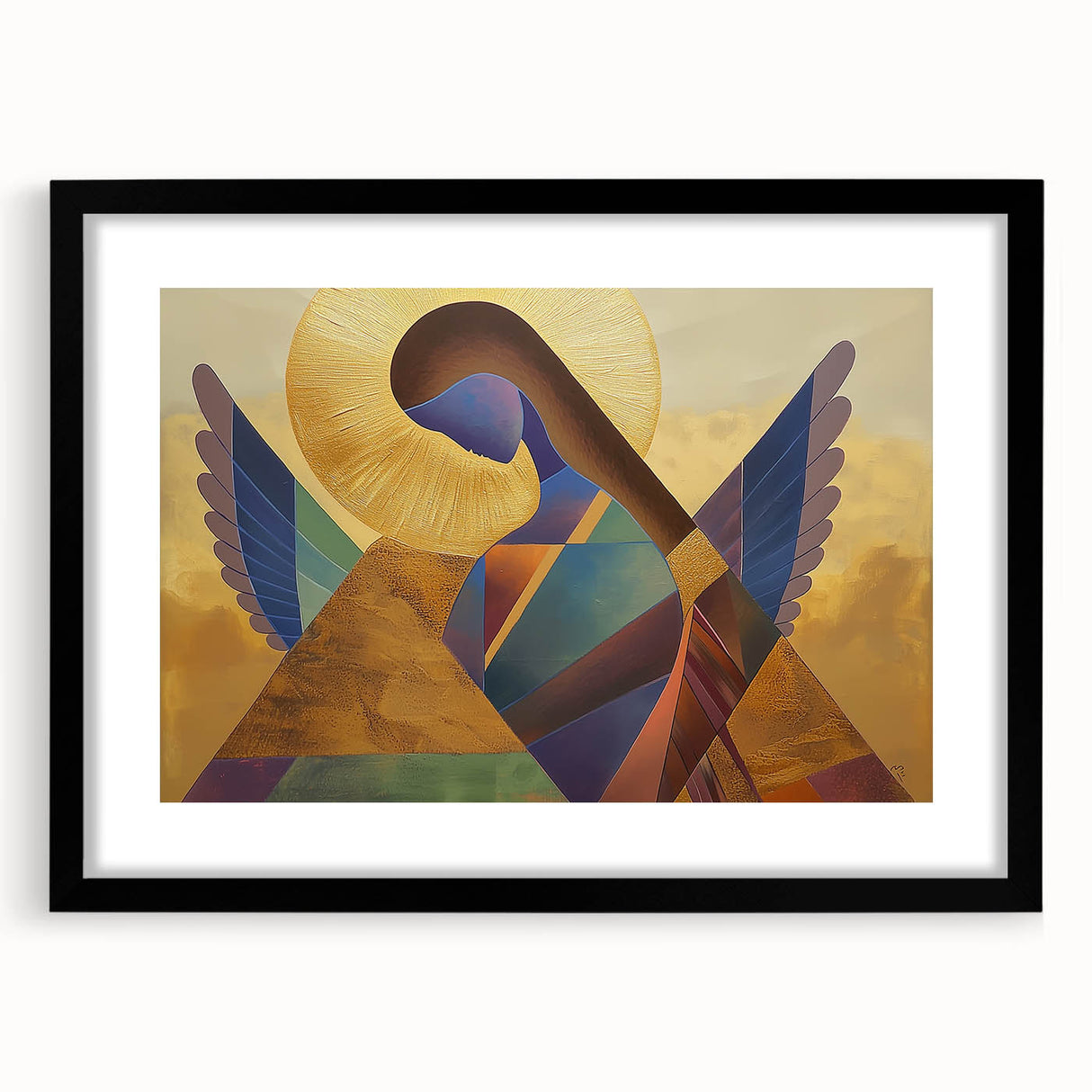 Abstract figurative artwork framed in black, showcasing a modern design with a mat, ideal for contemporary home decor. Perfect for adding a stylish touch to any living space.