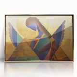 Framed abstract figurative artwork in gold and acrylic, showcasing dynamic shapes and rich textures, perfect for modern décor and artistic expression.