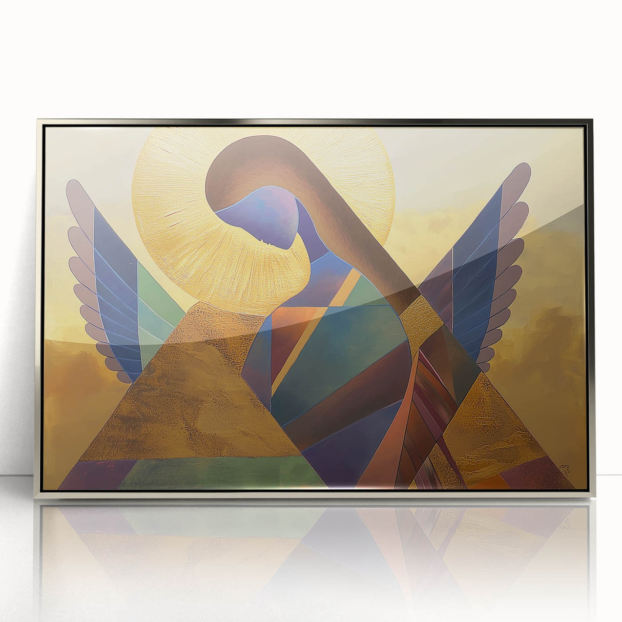 Framed abstract figurative artwork with silver acrylic finish, showcasing dynamic shapes and fluid lines, perfect for modern home decor.