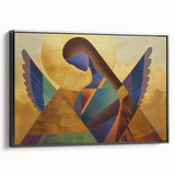Framed abstract figurative canvas art with a sleek black frame, showcasing dynamic shapes and colors, ideal for modern home decor and artistic expression.