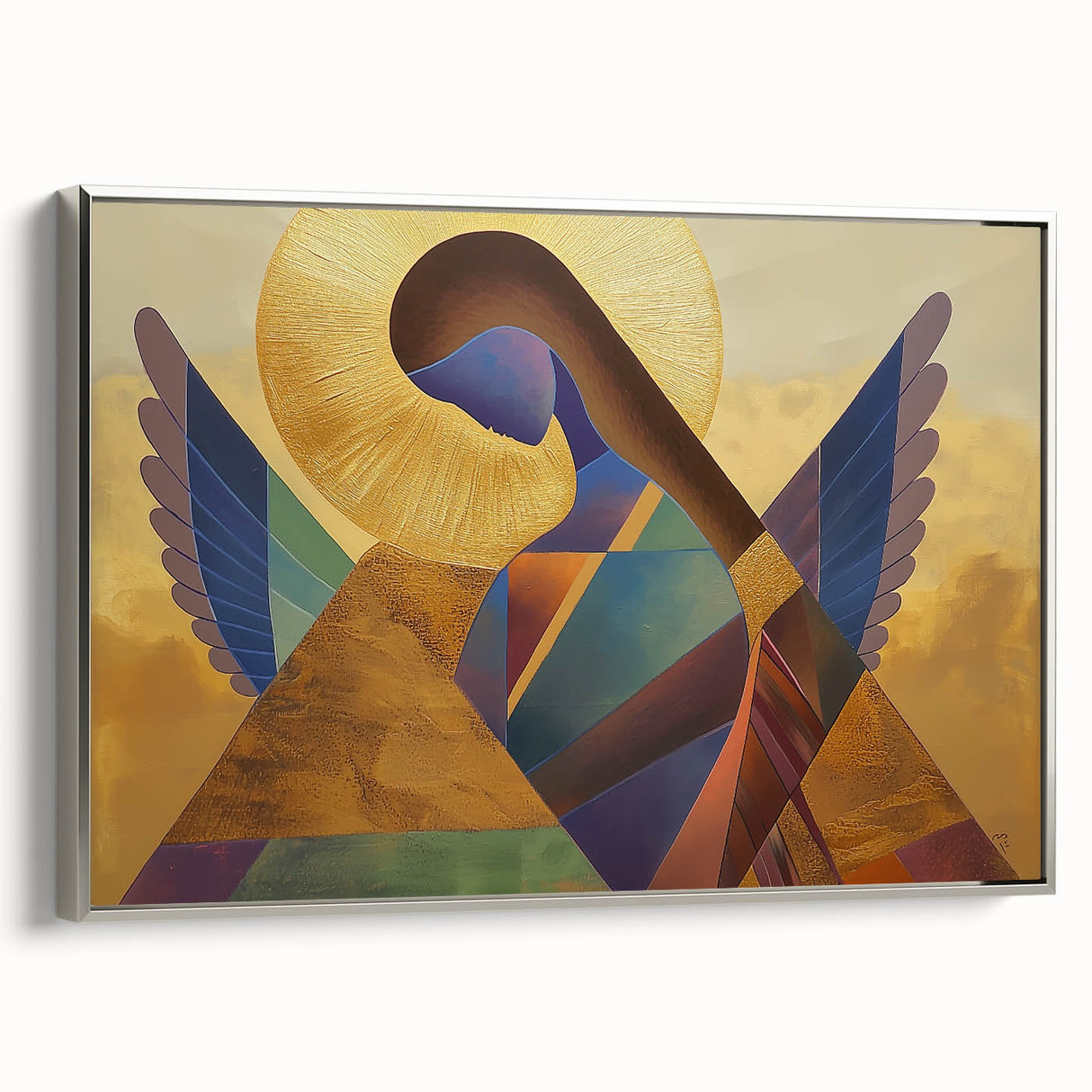 Framed abstract figurative canvas artwork with a silver frame, showcasing modern artistic elements in a side view. Ideal for contemporary home decor.