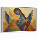 Framed abstract figurative canvas artwork in a modern white frame, showcasing vibrant colors and dynamic shapes, perfect for contemporary home decor.