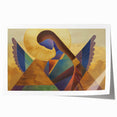 Abstract figurative wall art print showcasing vibrant colors and dynamic shapes, elegantly rolled and packaged in a protective cardboard tube for safe shipping.