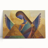 Abstract figurative stretched canvas artwork featuring vibrant colors and fluid shapes, leaning against a wall, perfect for modern home decor.