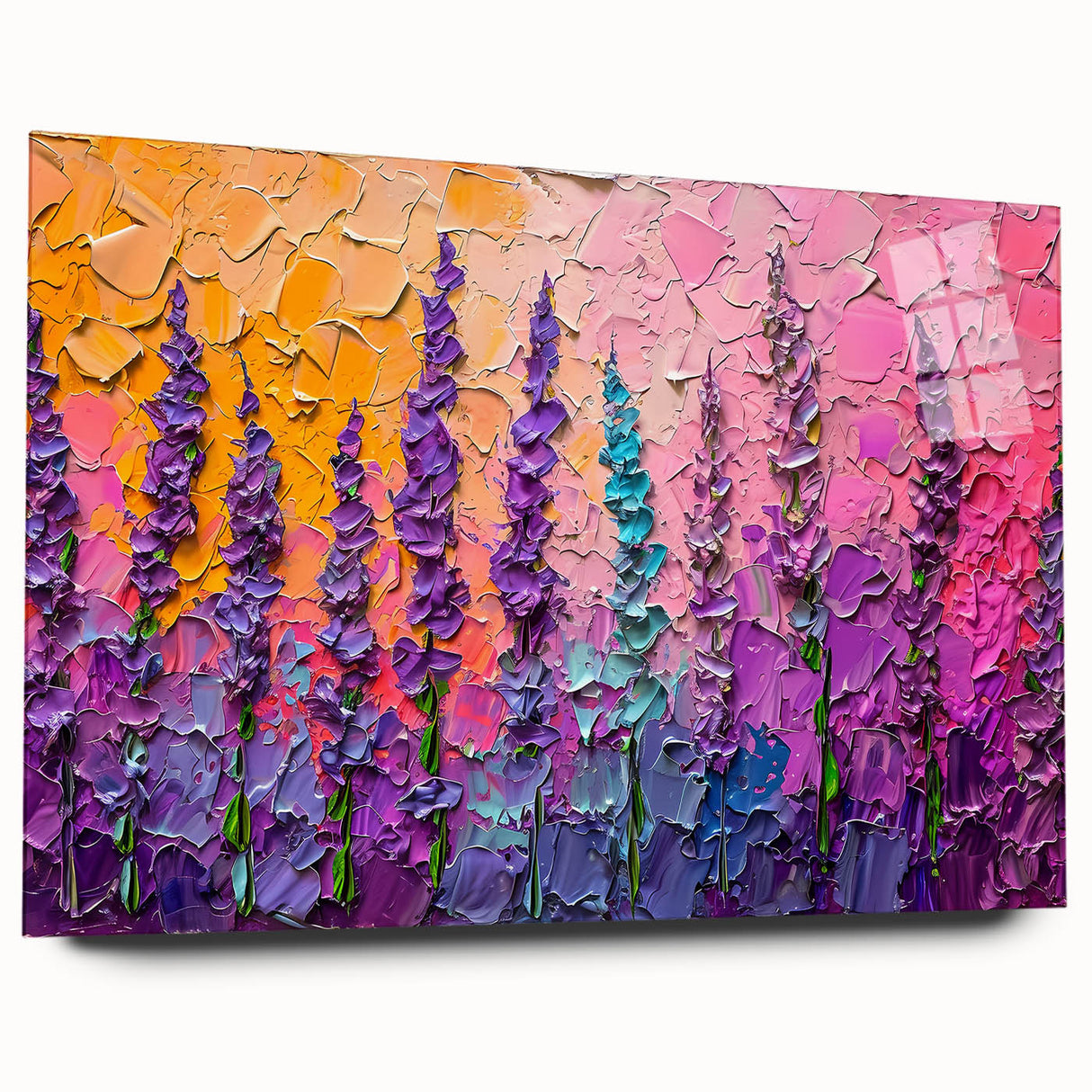 Abstract floral wall art in vibrant colors displayed from a side view, featuring a sleek acrylic glass finish that enhances the intricate design, ideal for modern decor.