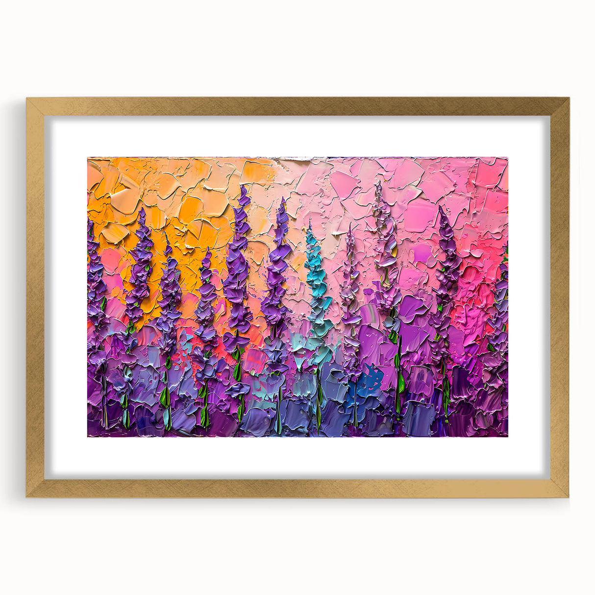 Elegant abstract floral wall art framed in gold, featuring vibrant colors and intricate designs, perfect for enhancing modern home decor.
