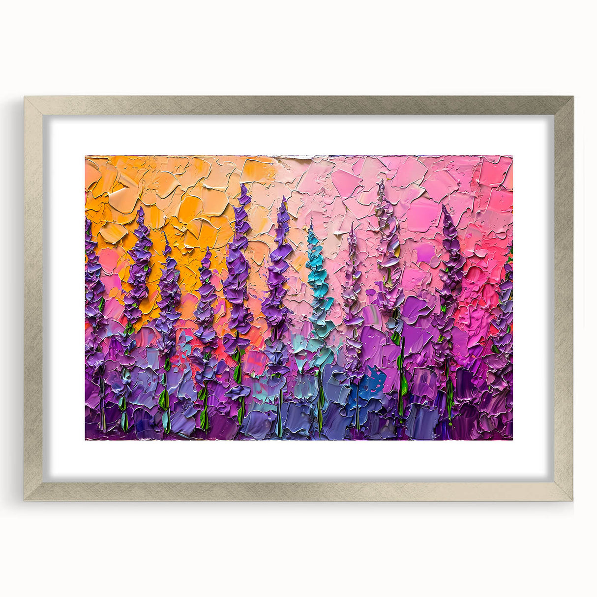 Abstract floral wall art framed in a silver mat, showcasing vibrant colors and intricate designs, perfect for adding elegance to modern home decor.