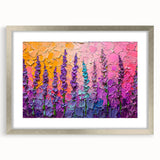 Abstract floral wall art framed in a silver mat, showcasing vibrant colors and intricate designs, perfect for adding elegance to modern home decor.