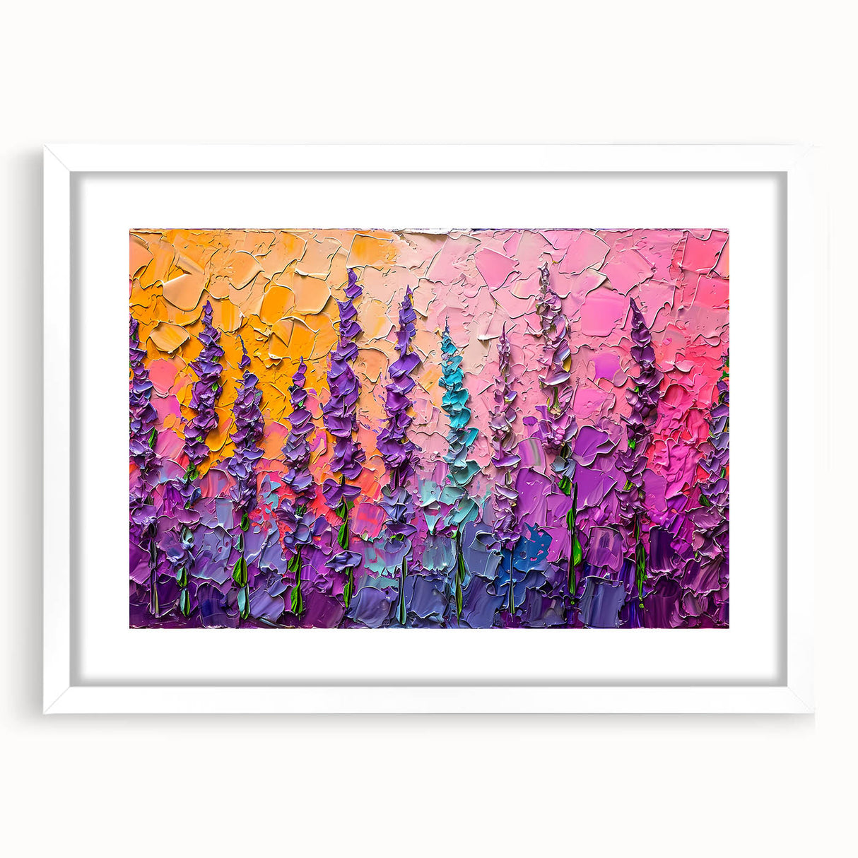 Abstract floral wall art framed with a white mat, showcasing vibrant colors and intricate designs, perfect for modern home decor or office spaces.