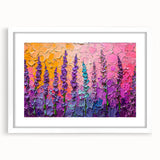 Abstract floral wall art framed with a white mat, showcasing vibrant colors and intricate designs, perfect for modern home decor or office spaces.