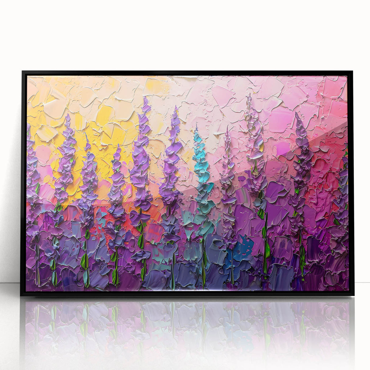 Framed abstract floral wall art with vibrant colors, displayed in a sleek black frame, perfect for modern home decor. Ideal for adding elegance to any room.