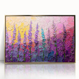 Abstract floral wall art featuring vibrant colors in gold and pink, framed with a sleek acrylic finish, perfect for modern home decor. This elegant piece enhances any room with its contemporary design and artistic flair.