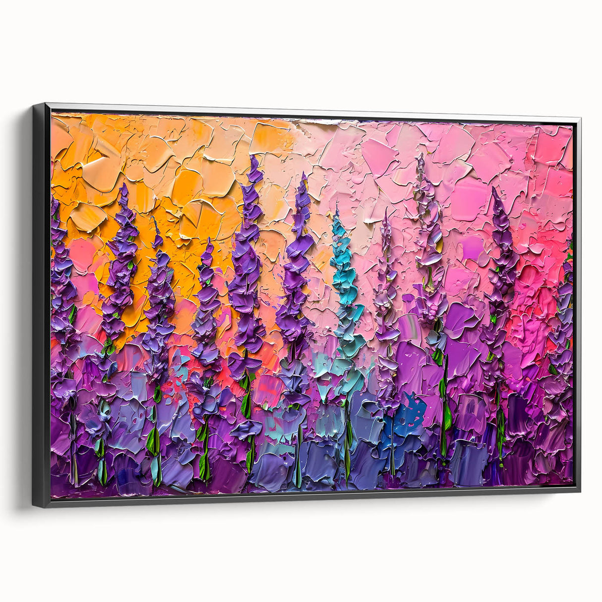 Framed canvas wall art showcasing an abstract floral design in vibrant colors, with a sleek black frame, elegantly displayed from the side to highlight its modern aesthetic.