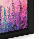 Close-up of a framed abstract floral wall art canvas featuring vibrant colors and intricate designs, perfect for enhancing modern home decor. Ideal for art enthusiasts seeking unique interior accents.