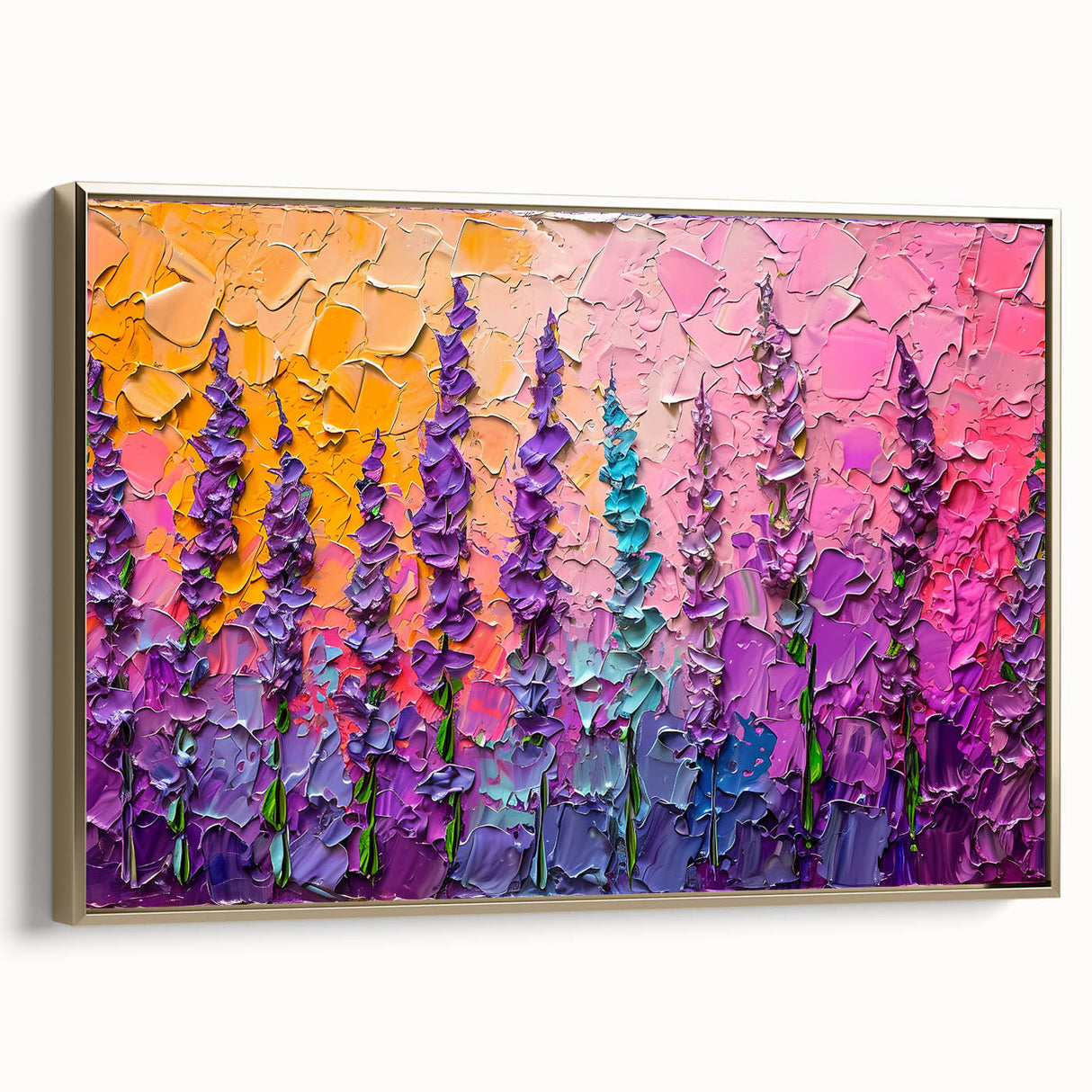 Framed canvas wall art showcasing vibrant abstract floral designs in gold and pastel hues, set against a sleek white background, perfect for modern decor.