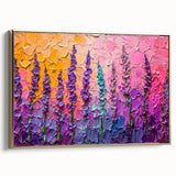 Framed canvas wall art showcasing vibrant abstract floral designs in gold and pastel hues, set against a sleek white background, perfect for modern decor.