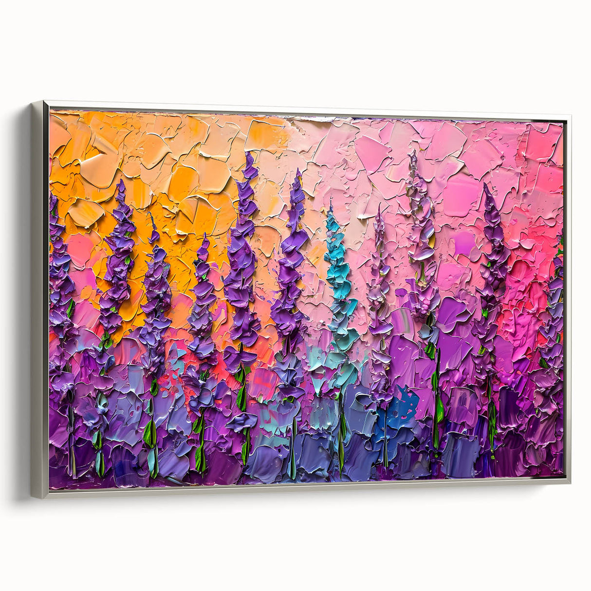 Framed abstract floral wall art showcasing vibrant colors with a silver frame, adding elegance to modern decor. Ideal for enhancing living spaces and art collections.
