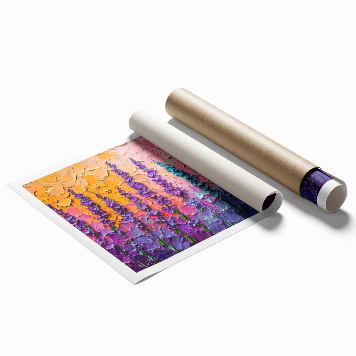 Abstract floral wall art print showcasing vibrant colors and intricate designs, rolled and securely packaged for easy transport and display in any modern decor.