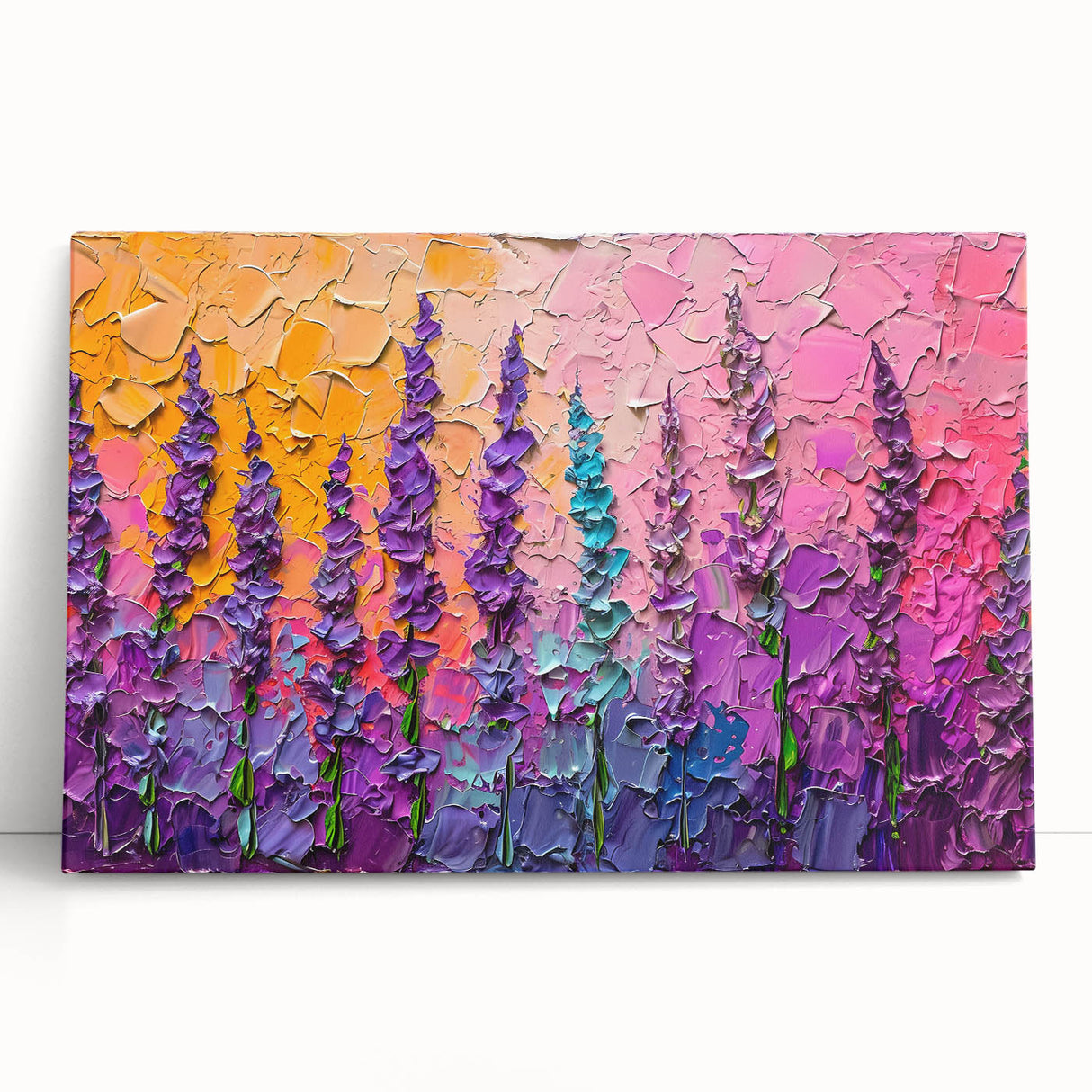 Abstract floral wall art on stretched canvas, showcasing vibrant colors and intricate designs. Perfect for modern decor, leaning against a neutral wall.