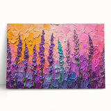 Abstract floral wall art on stretched canvas, showcasing vibrant colors and intricate designs. Perfect for modern decor, leaning against a neutral wall.