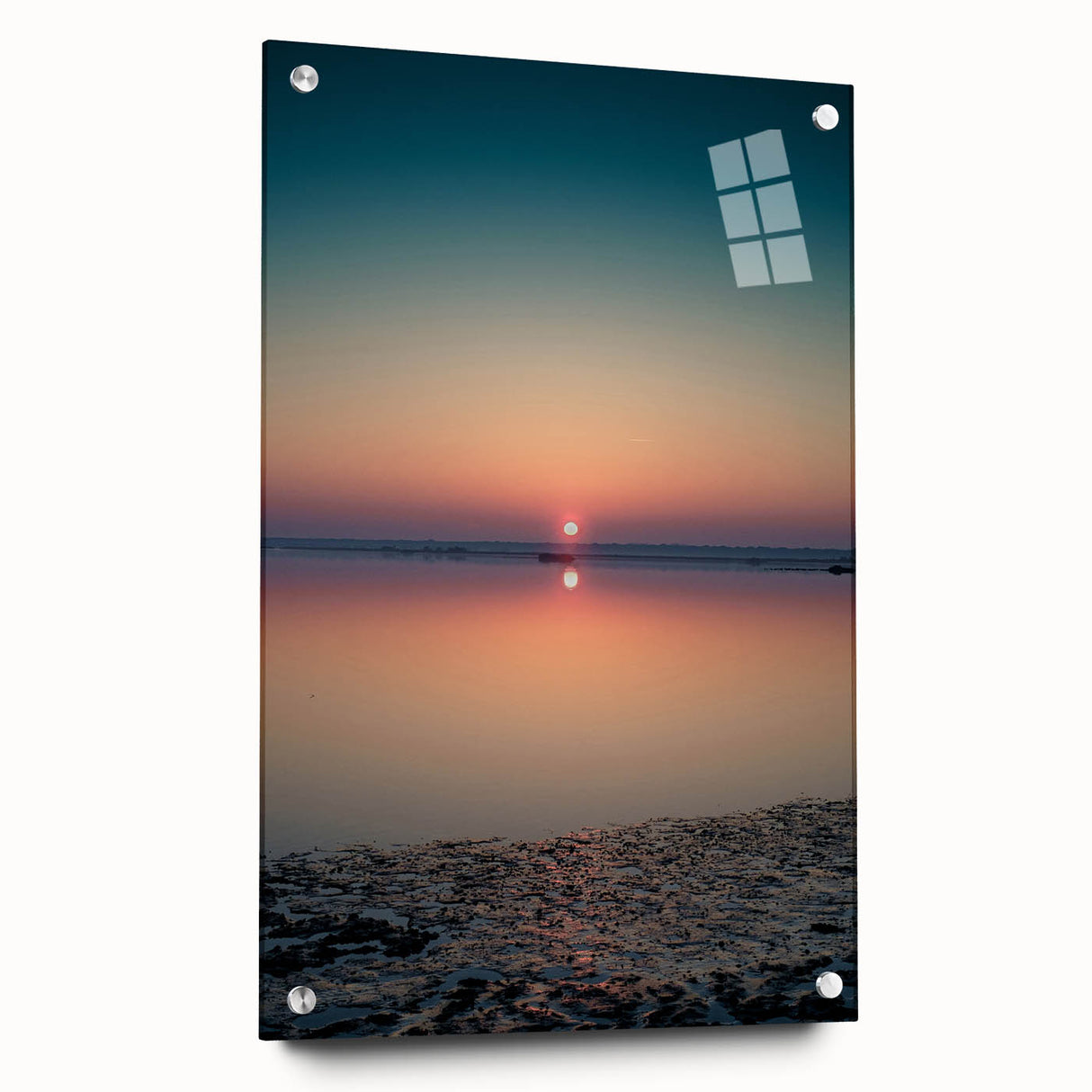 Abstract landscape wall art displayed in a side view, showcasing vibrant colors and intricate details, framed with pins on acrylic glass for a modern aesthetic. Perfect for enhancing contemporary interiors.