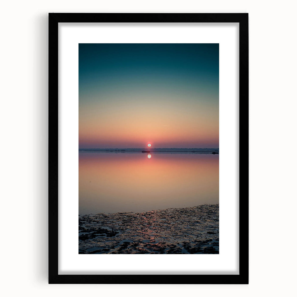Abstract landscape wall art framed in black with a white mat, showcasing vibrant colors and intricate patterns, perfect for modern home decor and artistic spaces.