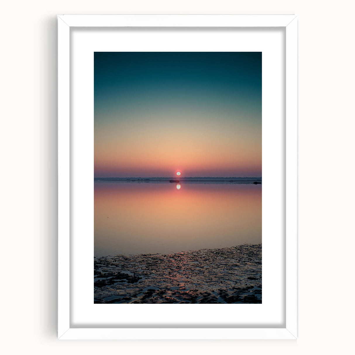 Abstract landscape wall art framed with a white mat, showcasing vibrant colors and fluid shapes, perfect for modern home decor. Ideal for living room or office.