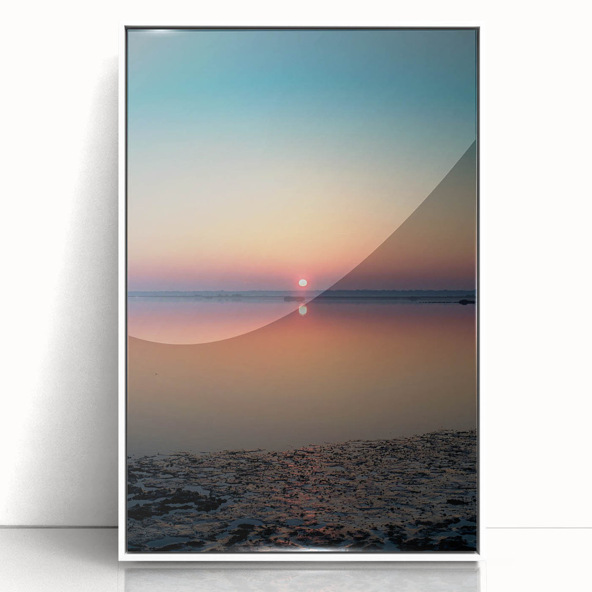 Framed abstract landscape wall art in acrylic, showcasing vibrant colors and dynamic shapes against a white background, ideal for modern home decor.