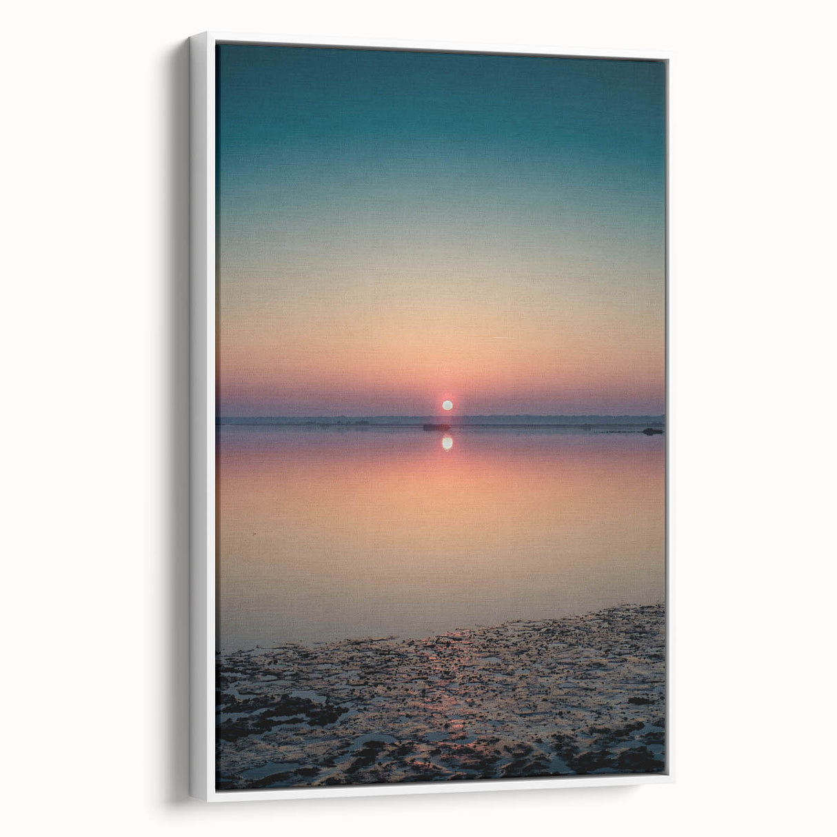 Framed canvas wall art showcasing an abstract landscape design with vibrant colors and textures, presented in a sleek white frame, ideal for modern decor.