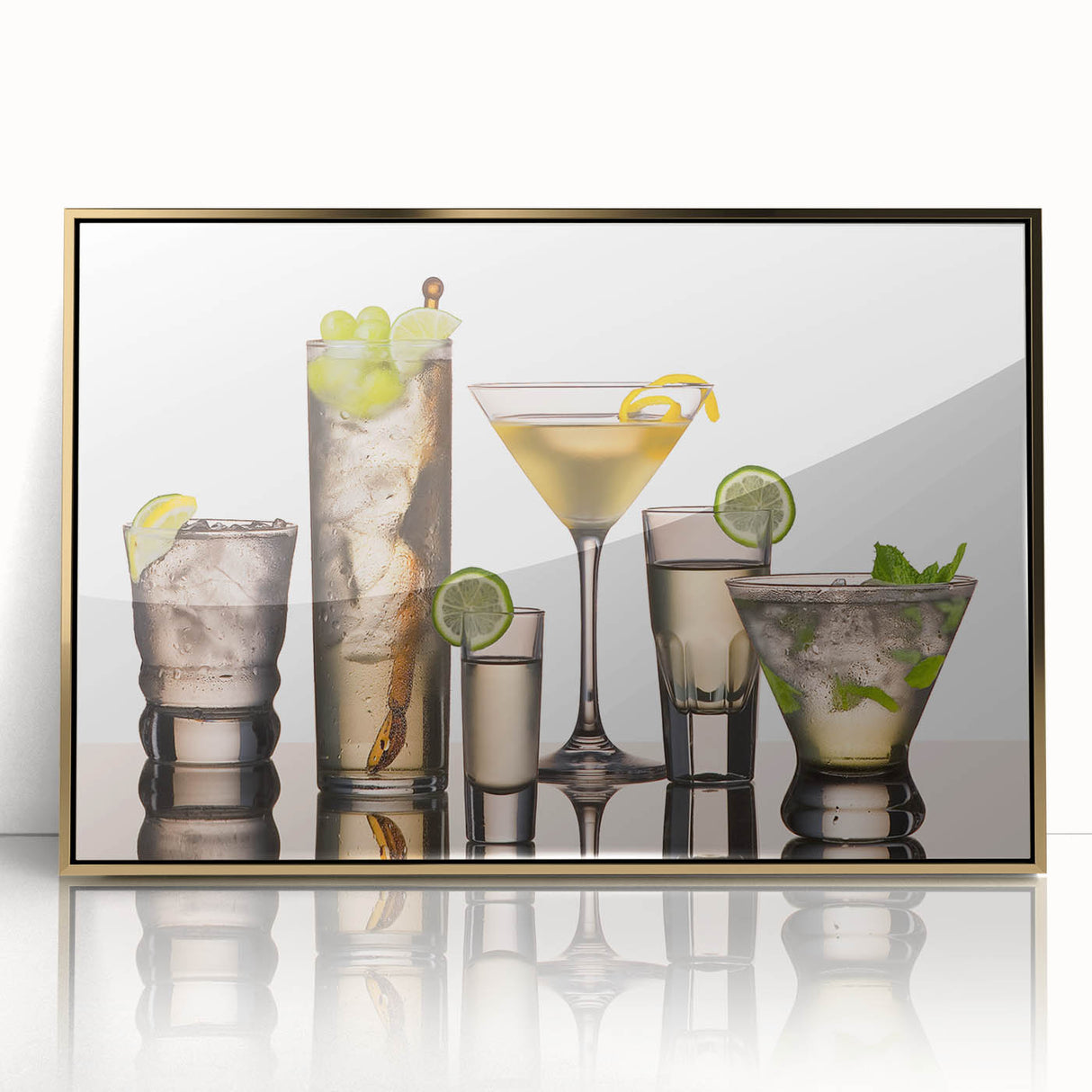 Art deco poster of assorted fruits and beverages in bold black outlines and gold accents on acrylic.